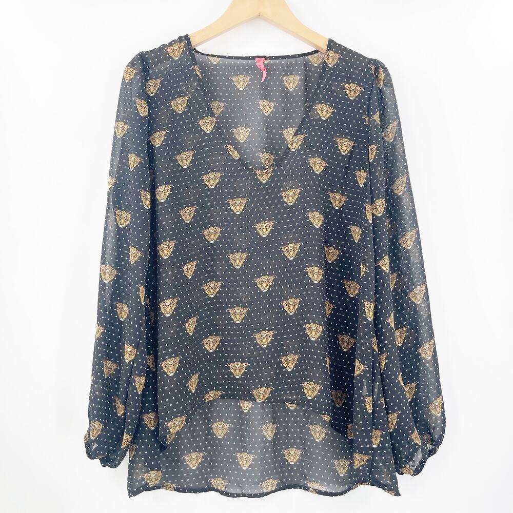 EIGHT SIXTY Blouse Size Large Leopard Face Polka Dot Sheer Contemporary Dots